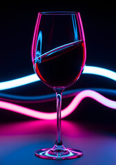 Wine glass is shown in a dark background with neon lights. The glass is half full of red wine