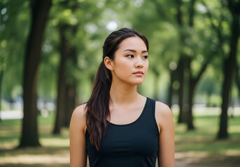 Fototapeta premium Woman with a ponytail and a black tank top is standing in a park. She has a serious expression on her face