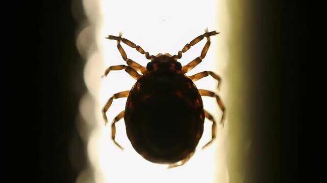 A backlit closeup of a tick legs and body distinct against a bright blurred background