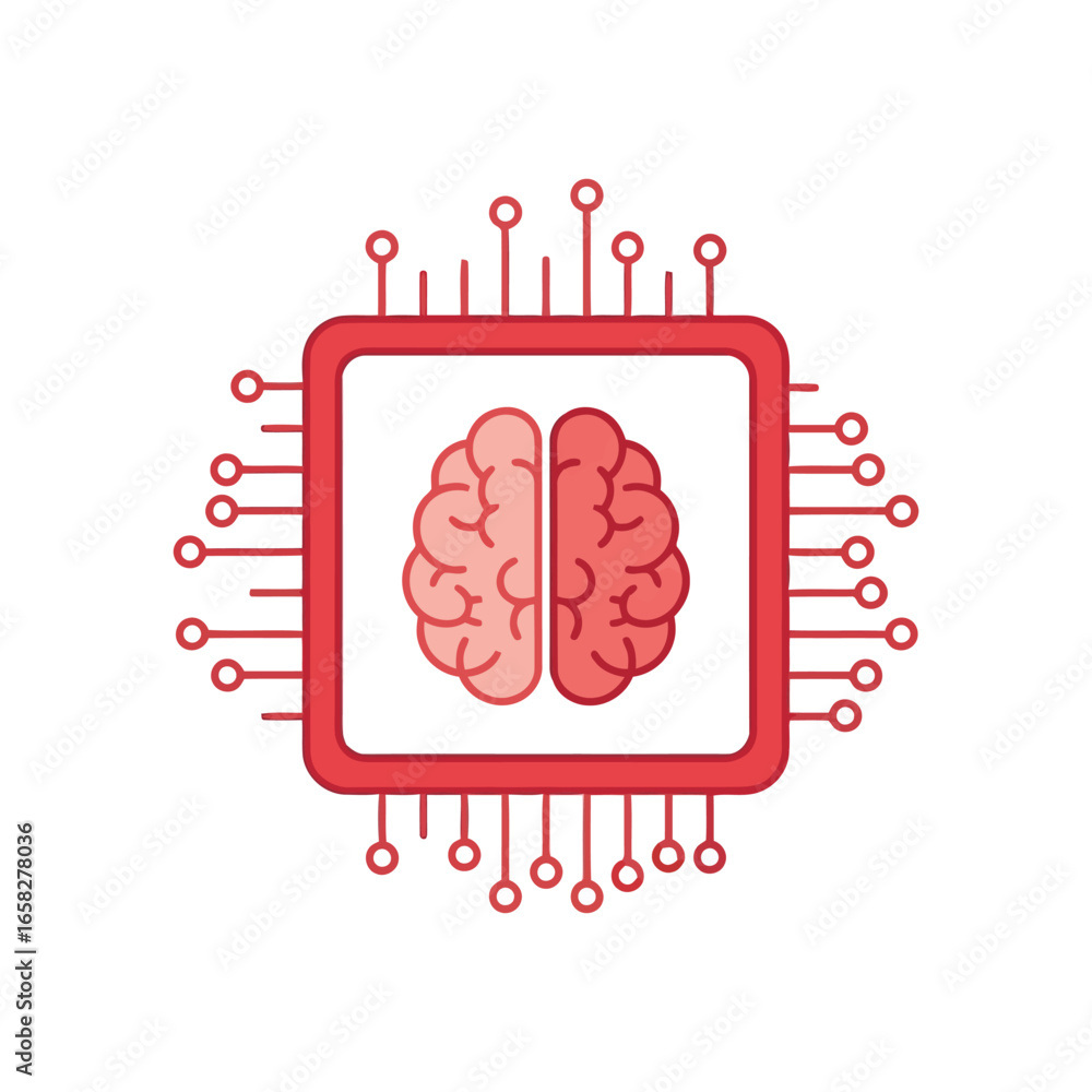 Poster vector illustration of stylized red brain icon integrated with a computer chip and circuit elements,