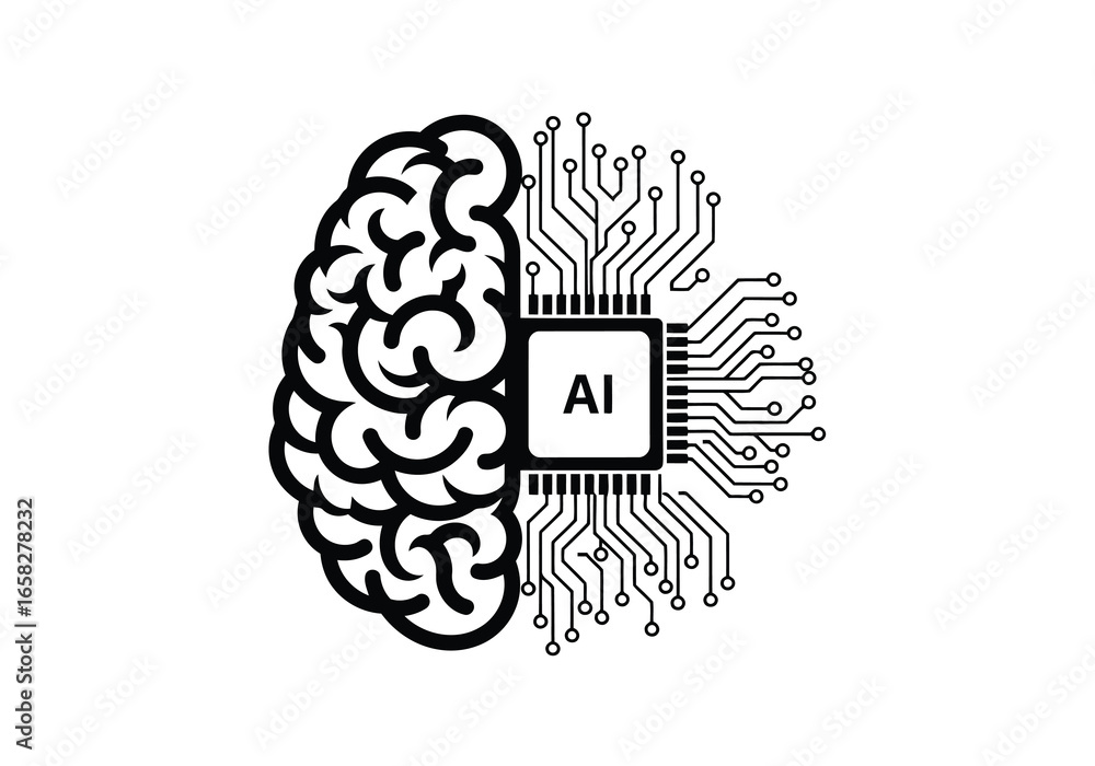 Fototapete vector illustration of monochromatic graphic depicting half a brain merging with a computer chip lab