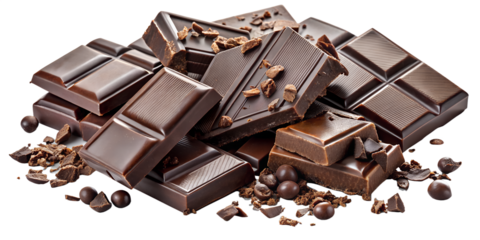 A pile of dark chocolate bars and pieces, some with cocoa beans scattered around, isolated on a transparent background, representing a delicious and rich sweet treat
