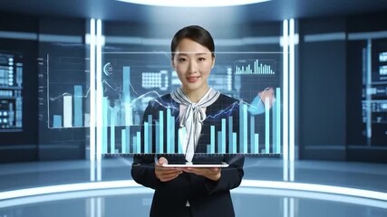 Asian Woman Interacting with Holographic Financial Data on Tablet in Futuristic Room - Powered by Adobe