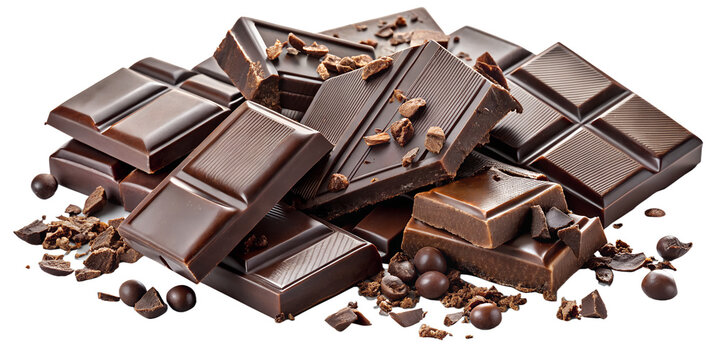 A pile of dark chocolate bars and pieces, some with cocoa beans scattered around, isolated on a transparent background, representing a delicious and rich sweet treat
