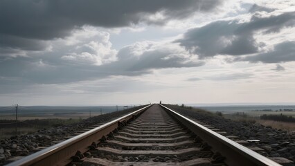 Railway Tracks Stretching into the Horizon Under a Cloudy Sky