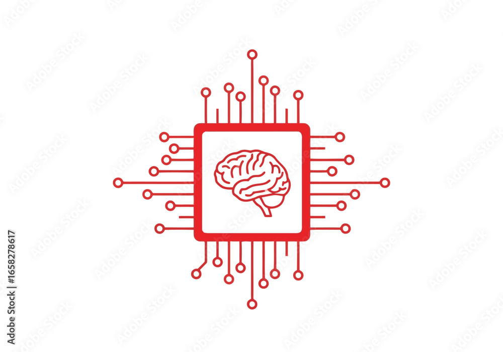 Poster vector illustration of red outline icon of a computer chip with a stylized brain and radiating conne