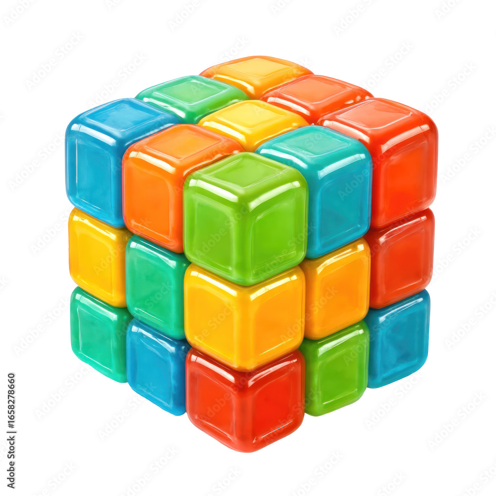 Poster colorful 3d translucent icon style cube on transparent background with multicolored geometric design
