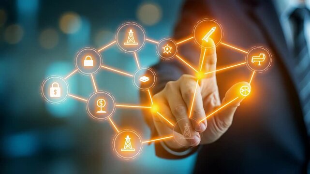 AI Ethics and Governance in Artificial Intelligence. Businessman touching with doodled icons representing ethics, law, and governance in AI, importance of responsible AI usage, ethical decision.
