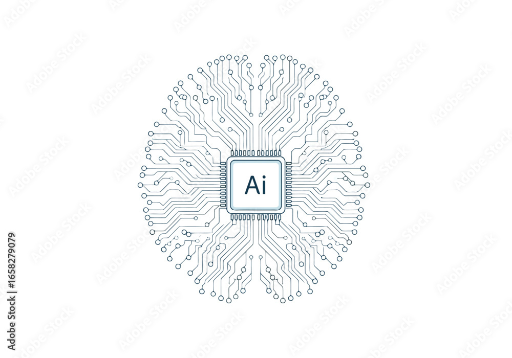 Poster vector illustration of abstract artificial intelligence brain circuit with ai chip, symbolizing tech