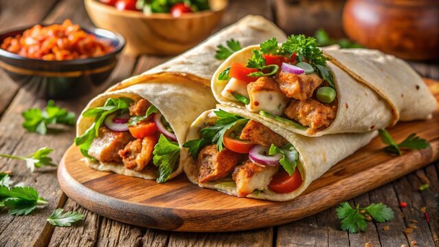 Shawarma Jerusalem – Spiced chicken shawarma with amba sauce, wrapped in laffa bread.