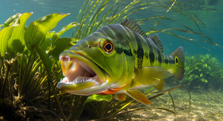 Amazonian Peacock Bass Predator Macro Underwater with Open Mouth, Sharp Teeth, Intense Eyes, and River Plant Background – Wild Fish Close-Up