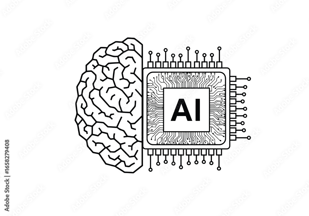 Aufkleber vector illustration of half of a brain merging with a computer chip labeled ai, representing the fus