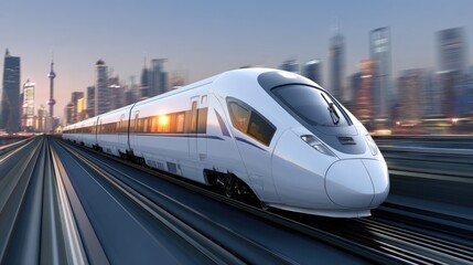 Fototapeta premium High-Speed Train Moving Through Modern Cityscape at Dusk with Skyscrapers and Dynamic Urban Background