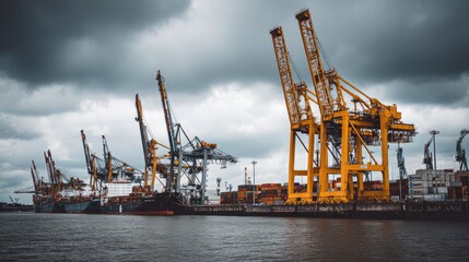 Industrial Port Scene with Towering Cranes and Container Ships Under Dramatic Clouds