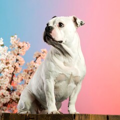 Fototapeta premium White dog sitting in front of cherry blossom