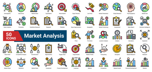 A collection of Market Analysis icons. Containing segmentation, market share, pricing, buyer persona, trends, forecasting, and strategy. Ideal for business planning.