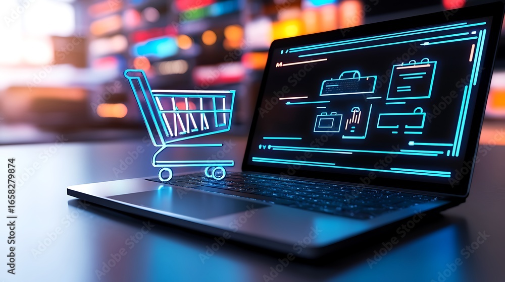 Poster futuristic laptop with digital shopping cart icon and web graphics illustrating e-commerce and techn