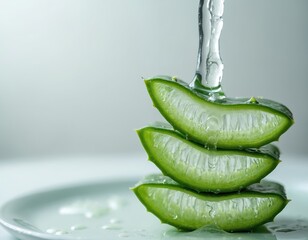 Close-up stacked aloe vera slices with water droplet falling. Green succulent plant parts show translucent pulp and texture. Ideal for beauty, skincare, and natural cosmetic ingredient promotions.