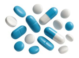 Blue and white pills levitating in midair.