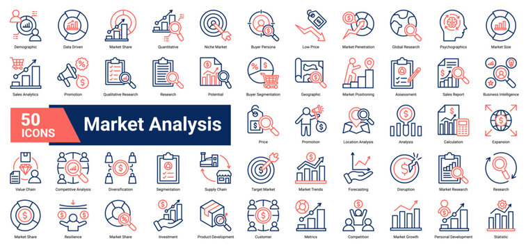 A collection of Market Analysis icons. Containing segmentation, market share, pricing, buyer persona, trends, forecasting, and strategy. Ideal for business planning.