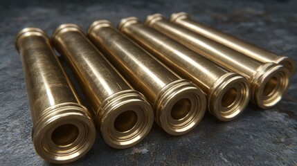 Five brass tubes, smooth, cylindrical, and lying flat