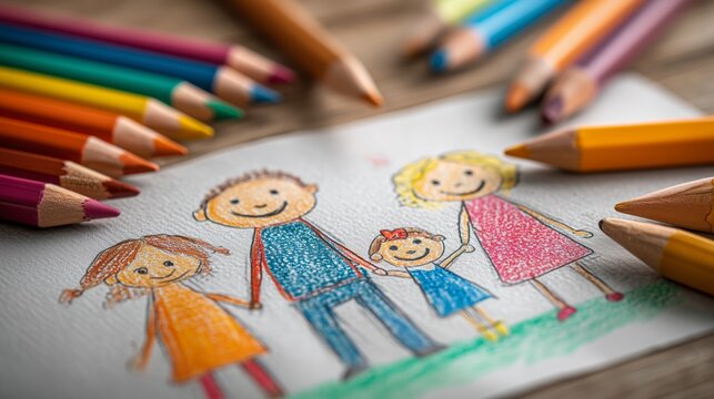 Colored pencil drawing of a child’s hands sketching a happy family. Childhood creativity, emotional expression, and the psychological assessment of children through family drawings.  - Powered by Adobe