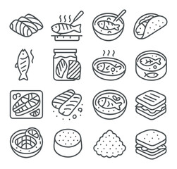 Linear seafood icon set featuring sushi, fish, soup, tacos, sandwich, and can symbols