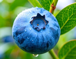 Close up of a single blueberry, adorned with water droplets, on a blueberry shrub in a vibrant