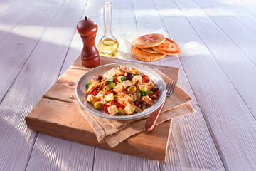 Nudelsalat mit schwarzen und gruenen Oliven auf gedecktem Tisch mit rustikalem Holzfond, Fetawürfel, Kritharaki, getrocknete Tomaten, Pitabrot, 