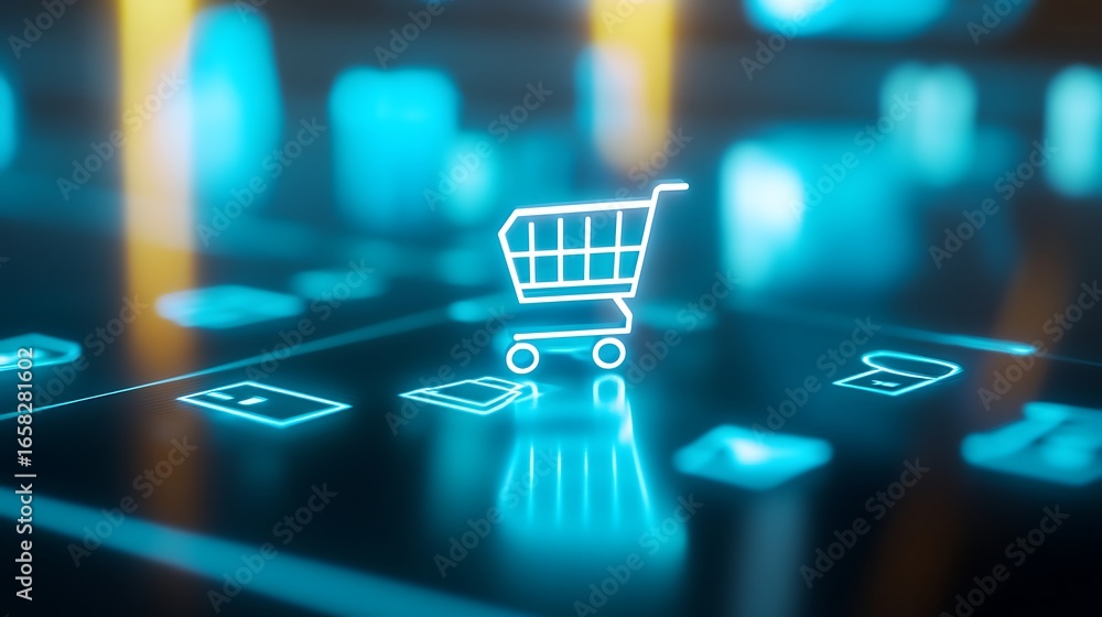 Poster digital shopping cart icon on touchscreen interface with e-commerce symbols in futuristic concept