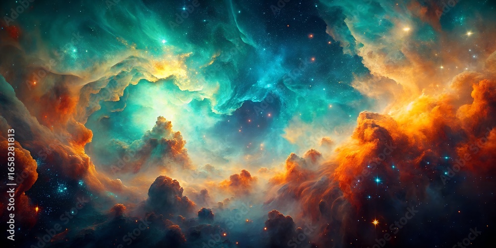 Poster vibrant cosmic nebula with glowing clouds of gas and dust, illuminated by distant stars, creating a 
