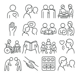 Fototapeta premium Linear icons set on empathy featuring listening, family, support, communication, care, and connection symbols