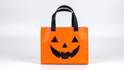 Orange halloween treat bag with a jack-o'-lantern face.