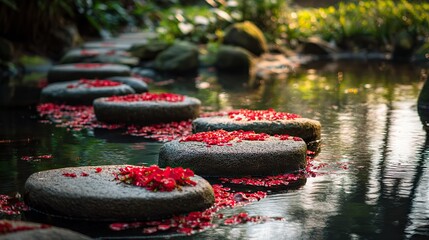 Stepping stones over still water in a garden, each decorated with red petals, creating an elegant and tranquil atmosphere. Pool setting with water reflections adding depth to the serene scene.