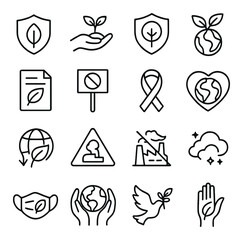 Linear environment icon set featuring plant, earth, recycling, and clean air symbols