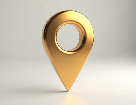 Golden location pin icon, 3D render. Shiny metallic marker navigation, travel, business. Elegant map pointer for apps, websites, branding. Simple, modern design with clean white background.