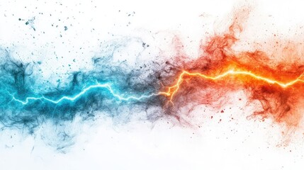 A vivid depiction of a lightning bolt traversing between blue and red smoke on white backdrop