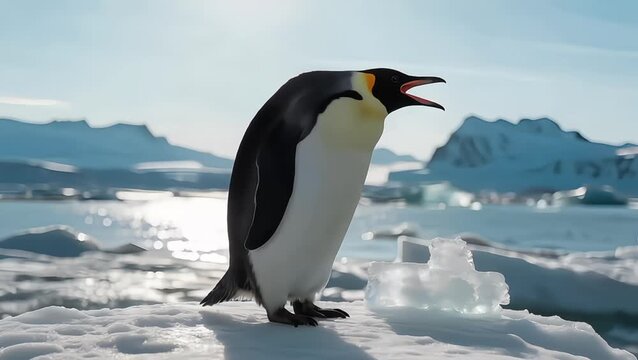Un primer plano (close-up) de un pingüino parado con orgullo sobre un témpano de hielo