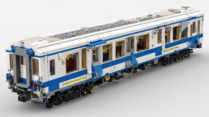 Naklejka premium Detailed model of a blue and white train car constructed with building blocks