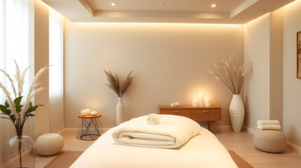 Una imagen de una sala de masajes tranquila y elegante con paredes de color pastel suave luces tenues y velas aromaticas dispersas Una camilla de masaje esta cubierta