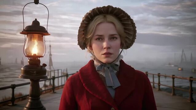 Un primer plano de una mujer rubia en un muelle del siglo XIX