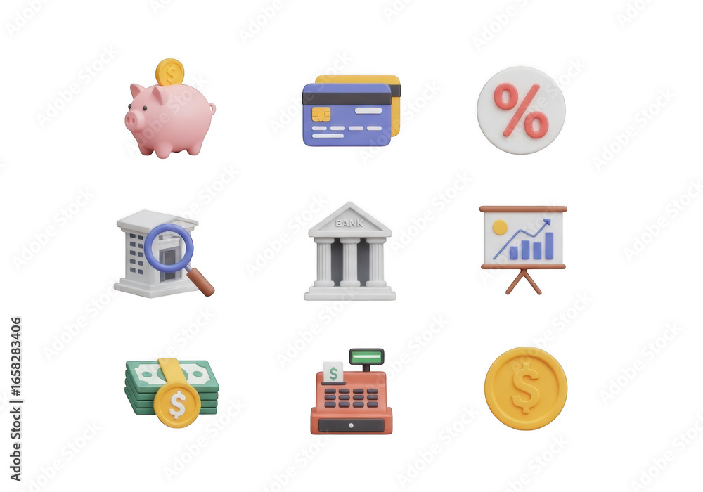 Poster 3d collection of finance and banking icons isolated on transparent background
