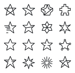 Linear star icon set featuring geometric, puzzle, speed, stellar, and sunburst designs