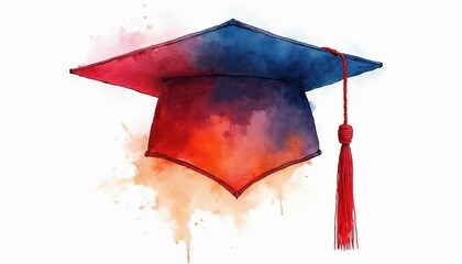 Colorful watercolor graduation cap illustration. Academic achievement symbol with red tassel. Represents educational celebration, artistic perspective, student success, and future aspirations.
