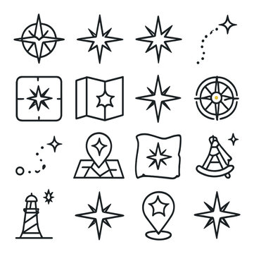 Linear navigation icon set featuring compass, map, lighthouse, location, star, destination, and guide symbols