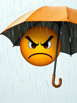An angry emoji face with an umbrella shielding it from the wind, representing frustration and bad weather