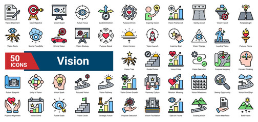 A collection of  Vision icons. Containing leadership, clarity, purpose, strategy, execution, future focus, and milestones. Ideal for planning, growth, and direction.