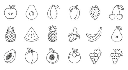 A minimalistic black and white line art illustration of different fruit icons