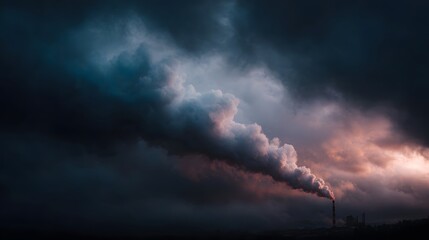 Fototapeta premium Factory emitting thick smoke into a gloomy storm filled sky