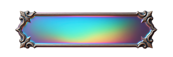 Decorative frame with holographic gradient effect, featuring ornate edges and shiny metallic finish, perfect for showcasing artwork or text